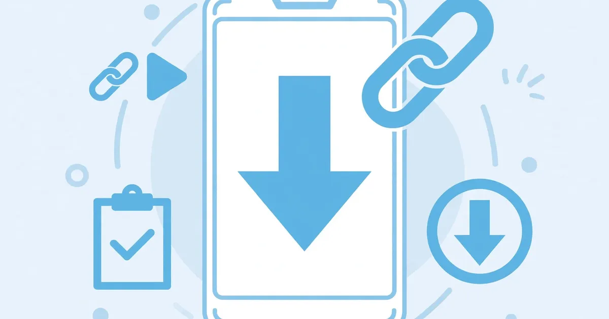 Smartphone with download arrow and link icon, video downloader tutorial concept