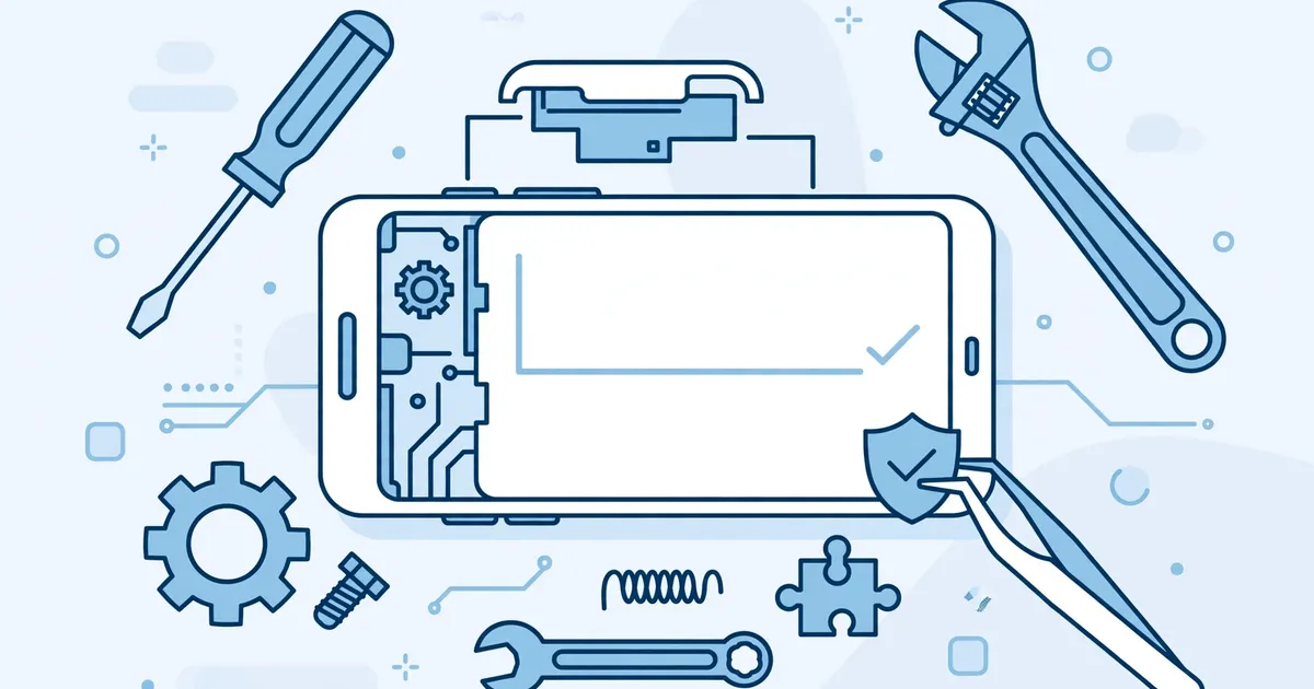 Smartphone with crash symbol being fixed, app stability concept