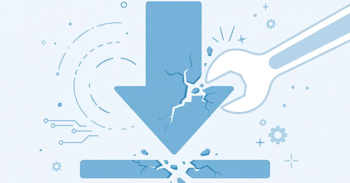 Broken download arrow with wrench, fixing failed downloads concept