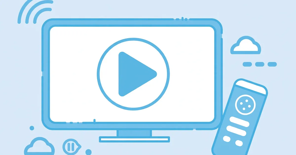 Television with video play button and remote control, streaming on TV concept