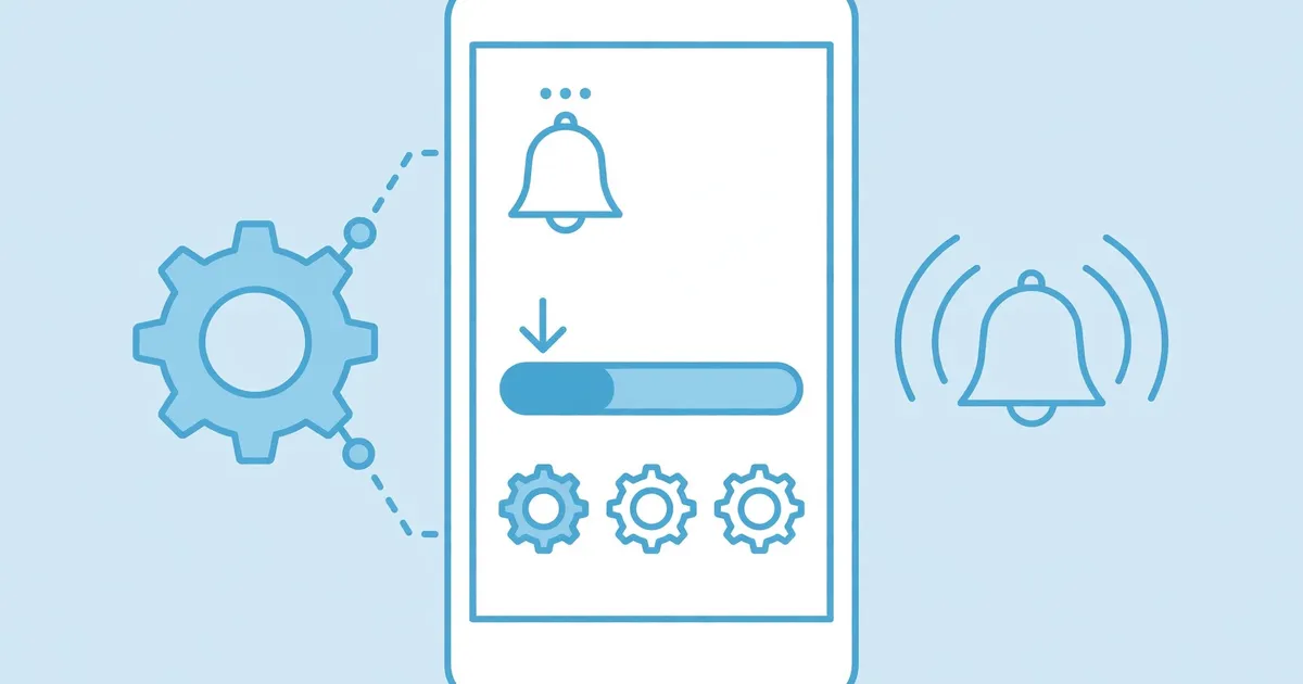 Smartphone with notification bell and download progress, settings concept
